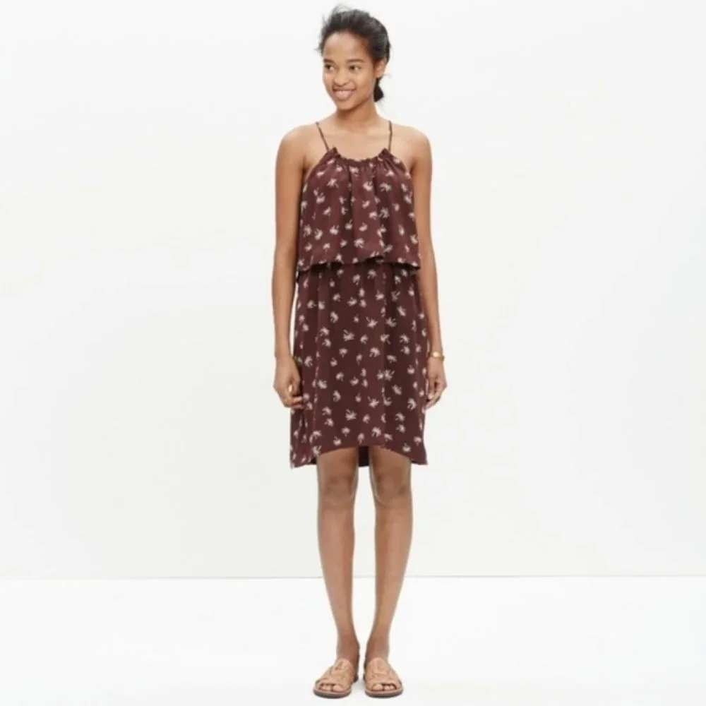Madewell Dream Drift Overlay Palm Tree Halter Dress 100% Silk Plum Purple Size 0